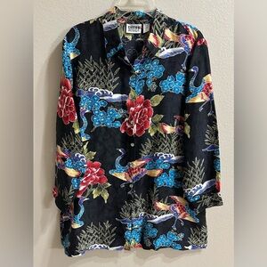 Chico's Design 100% Silk Tunic Blouse Sz 2 (LG) Asian Print Oriental Artsy Birds